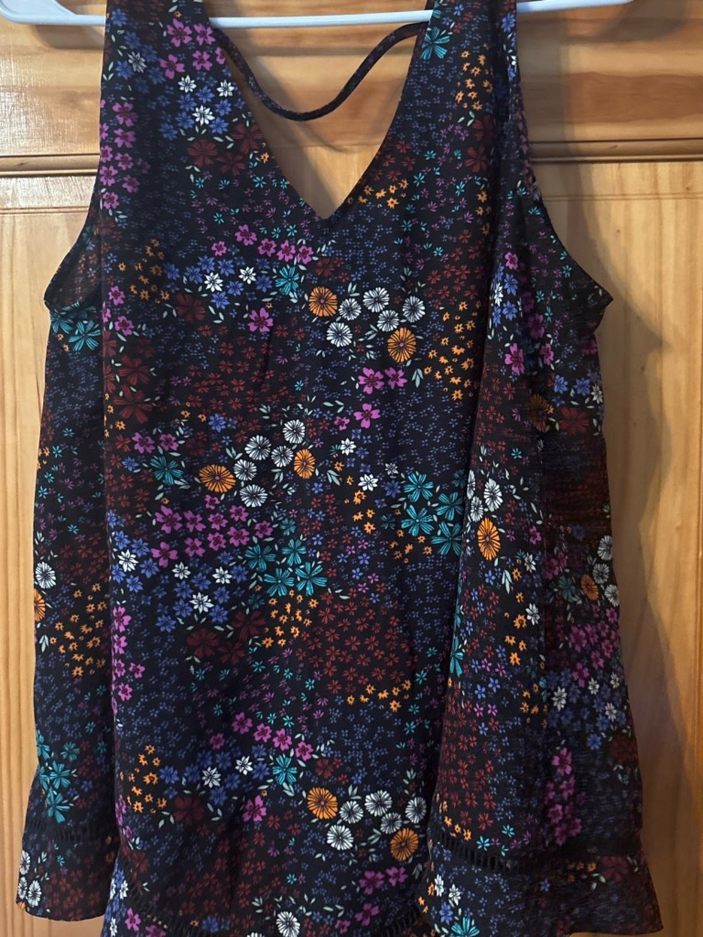 a.n.a Black Floral V-Neck Tank with Purple, Teal, Orange and White Blooms